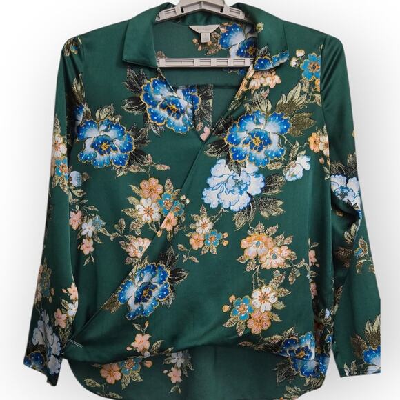 Belle + Sky Green Floral Blouse Women's Large Long Sleeve Button Front - Picture 2 of 7